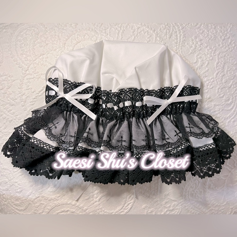 NWT Rococo Classic Lolita Bonnet Nightcap White x Black Double Layered Lace